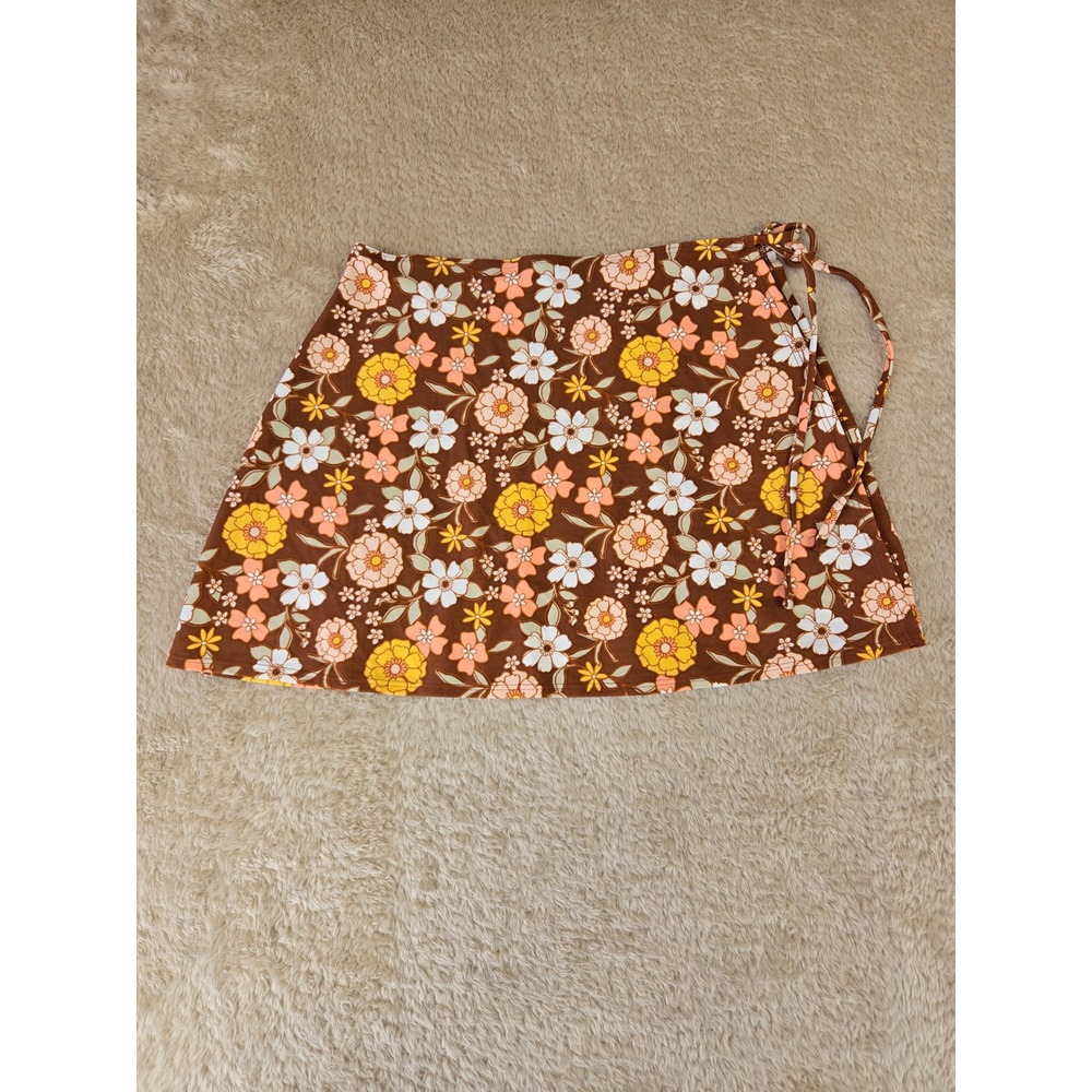 Vtg Style Hollister Brown Floral Swim Wrap Mini Skirt 70s Retro Daisy Print Boho